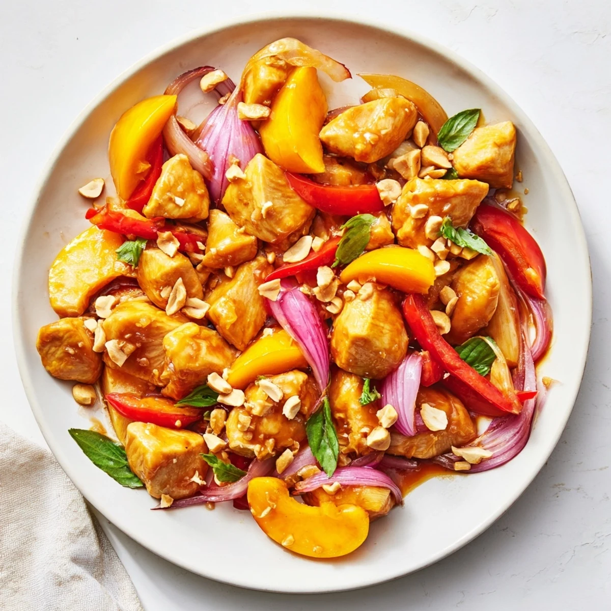 Savory spicy-sweet Thai peach chicken served over rice with lime wedges