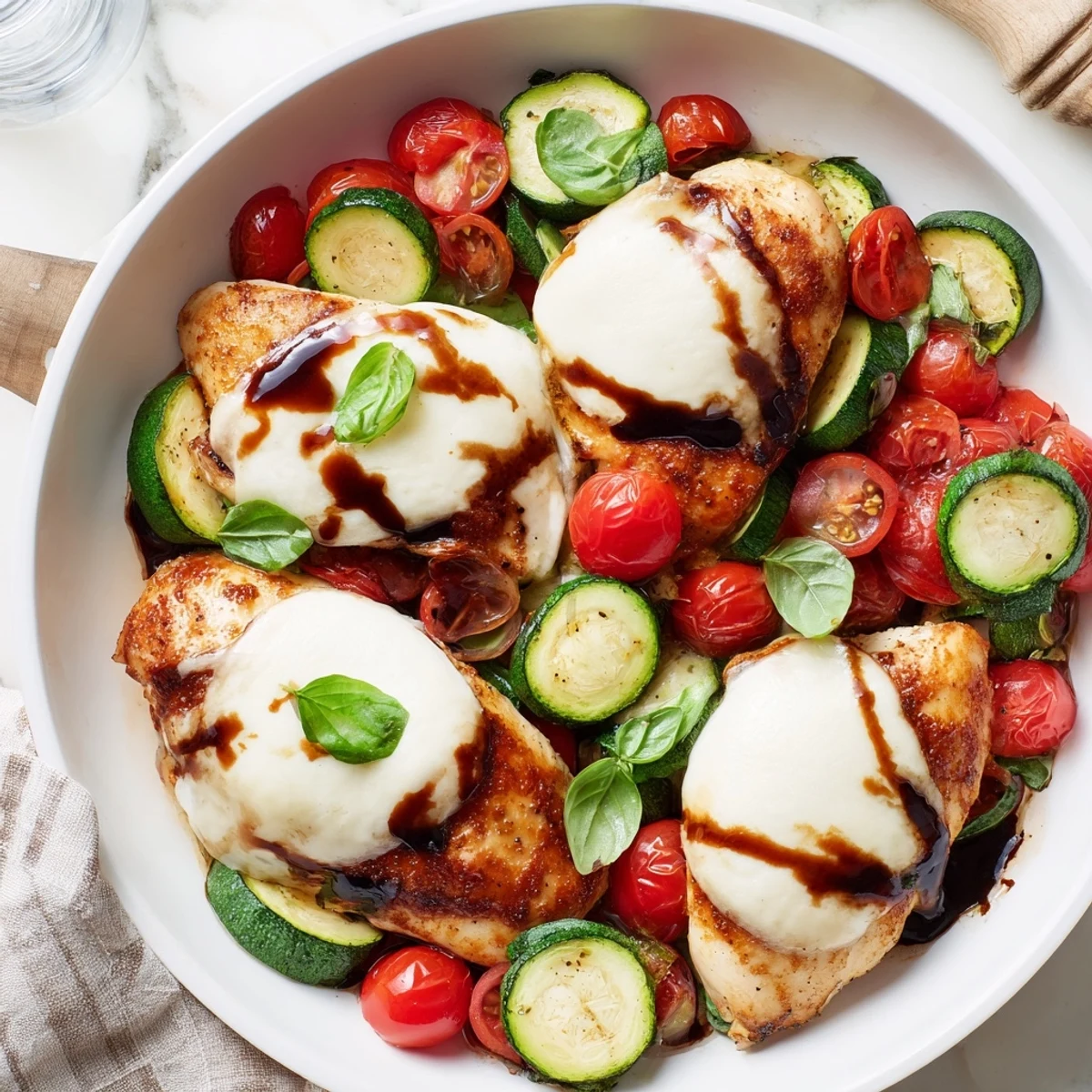Golden Caprese Chicken Zucchini Skillet featuring melted mozzarella over tender chicken breasts with fresh tomatoes and basil