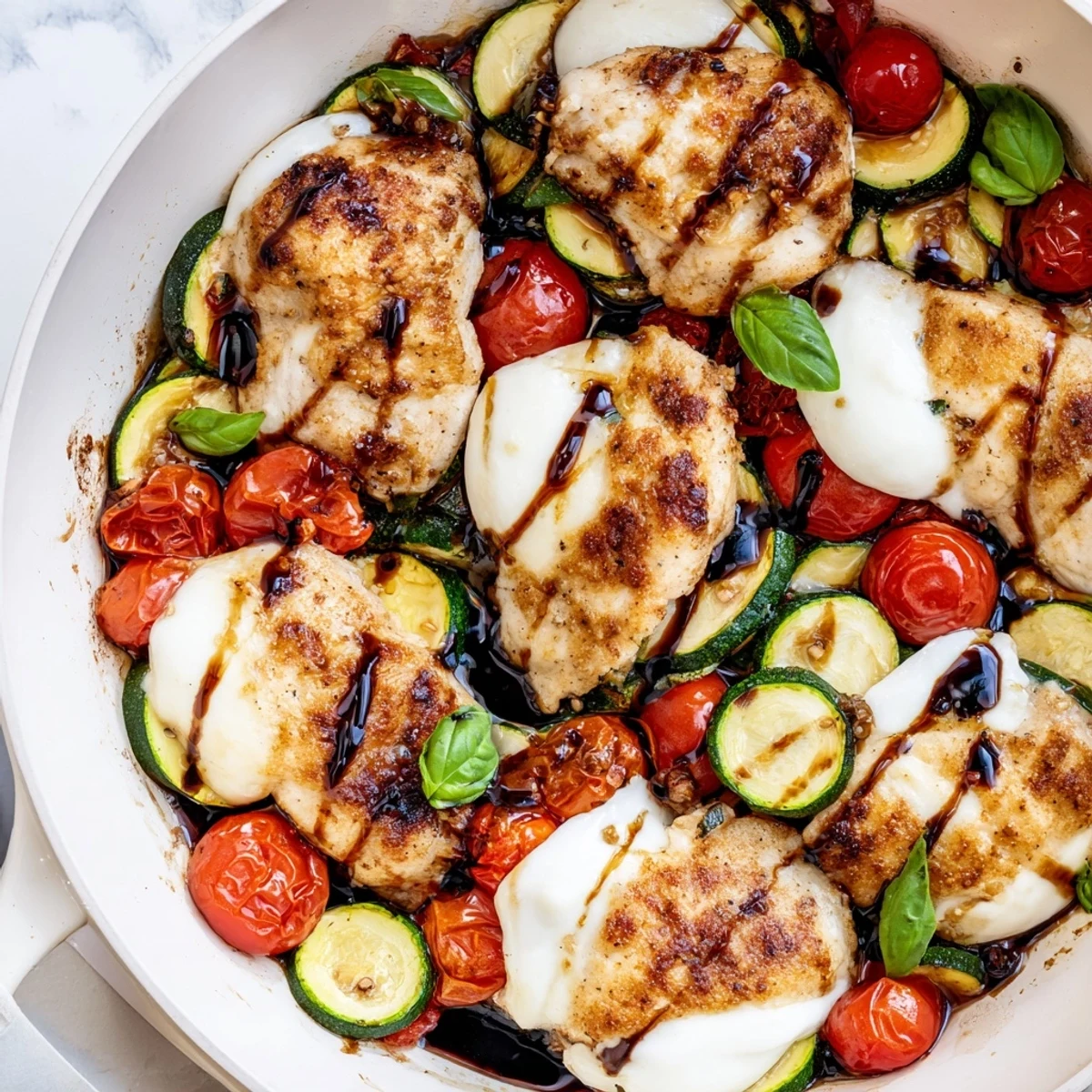 Vibrant Caprese Chicken Zucchini Skillet with juicy chicken, zucchini rounds, cherry tomatoes, and fresh basil garnish