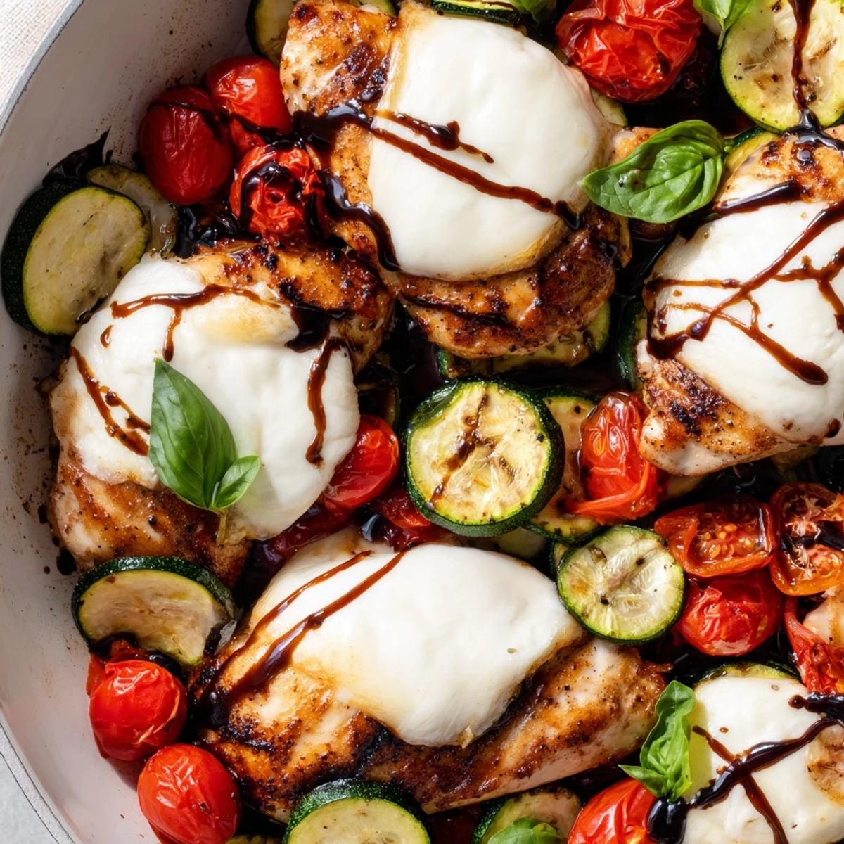 One-pan Caprese Chicken Zucchini Skillet drizzled with balsamic glaze and topped with creamy melted mozzarella cheese