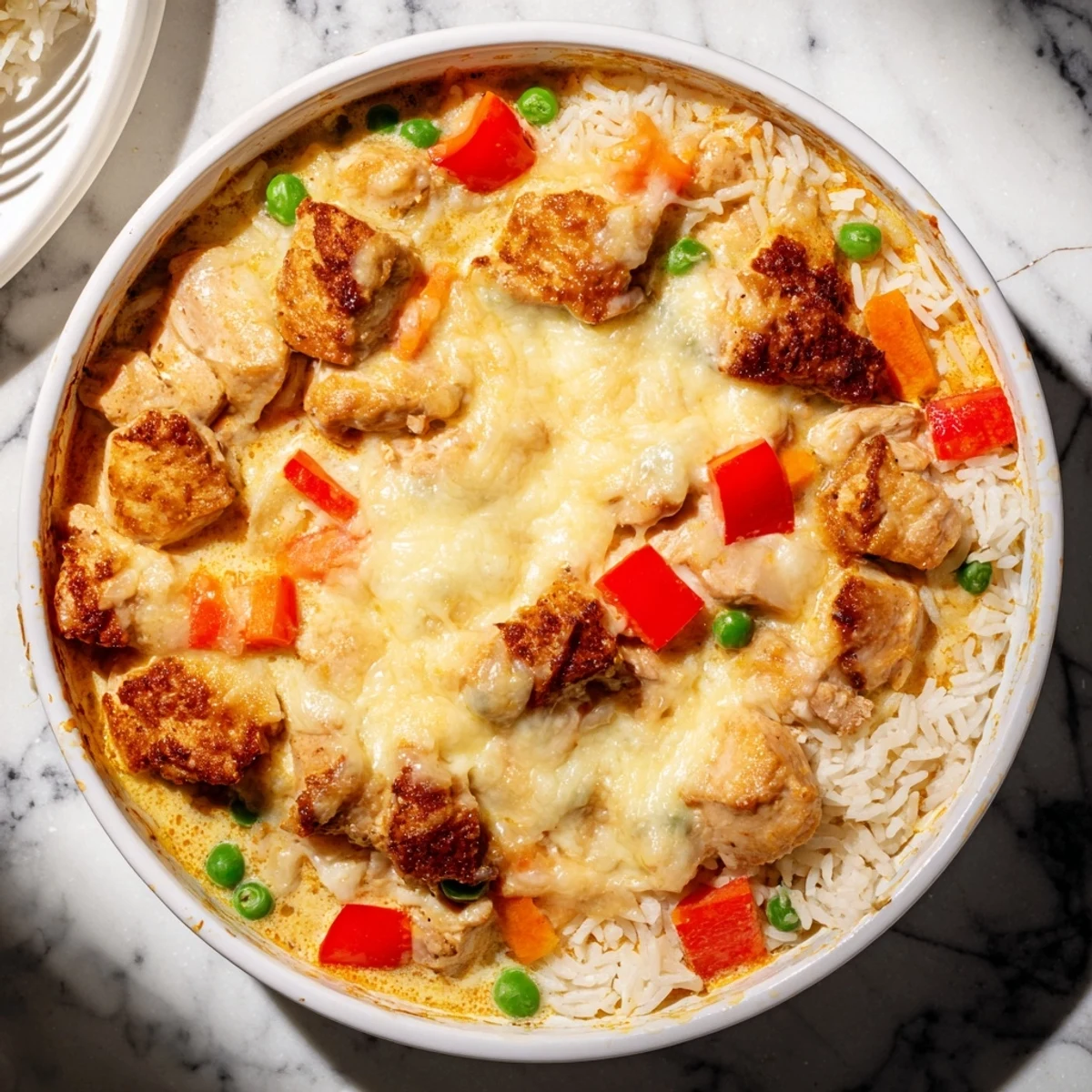 Golden bubbly Macau style baked Portuguese chicken rice with melted mozzarella and parmesan topping