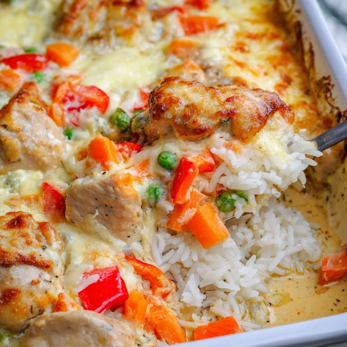 Creamy coconut curry Macau style baked Portuguese chicken rice featuring tender chunks and colorful vegetables