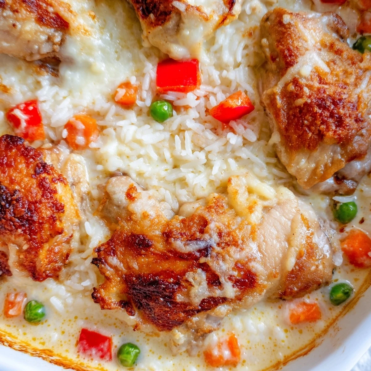 Baked Macau style Portuguese chicken rice casserole with golden cheese crust over fragrant jasmine rice