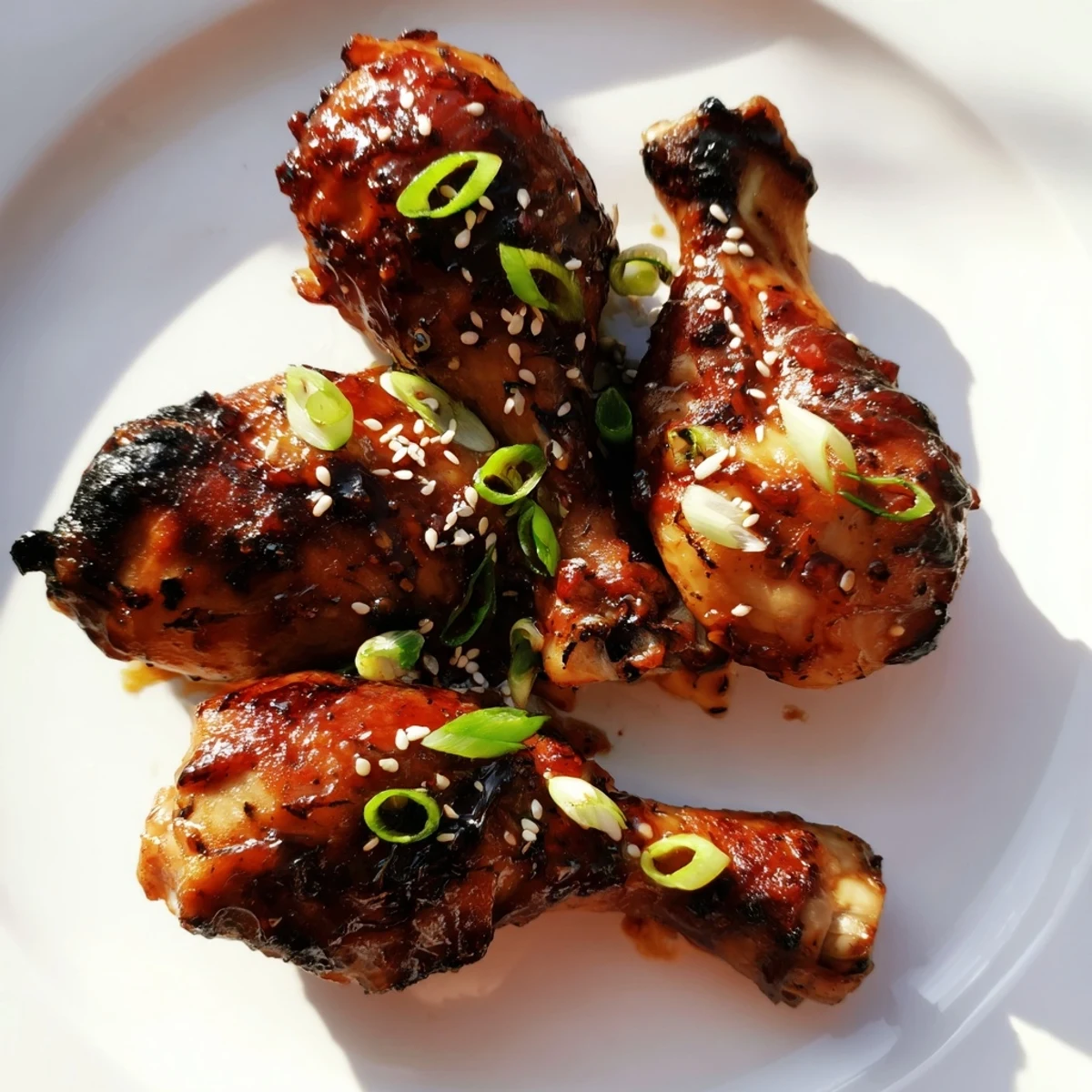 Golden brown chicken drumsticks coated in a sticky Asian glaze with sesame seed garnish