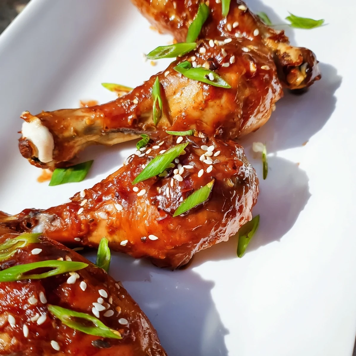 Tender slow cooker Asian glazed chicken drumsticks brushed with thickened soy honey sauce on platter