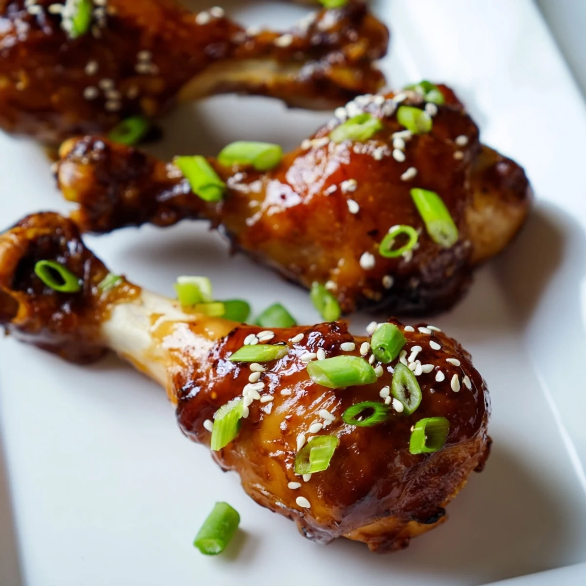 Juicy chicken drumsticks falling off the bone with savory sweet glaze and green scallions