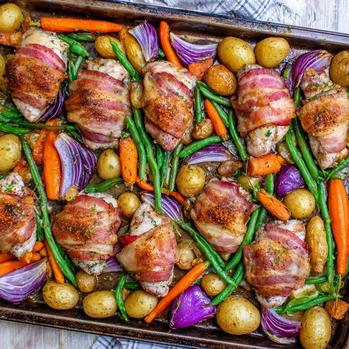 Golden brown bacon wrapped chicken thighs roasted with colorful vegetables on a large baking sheet