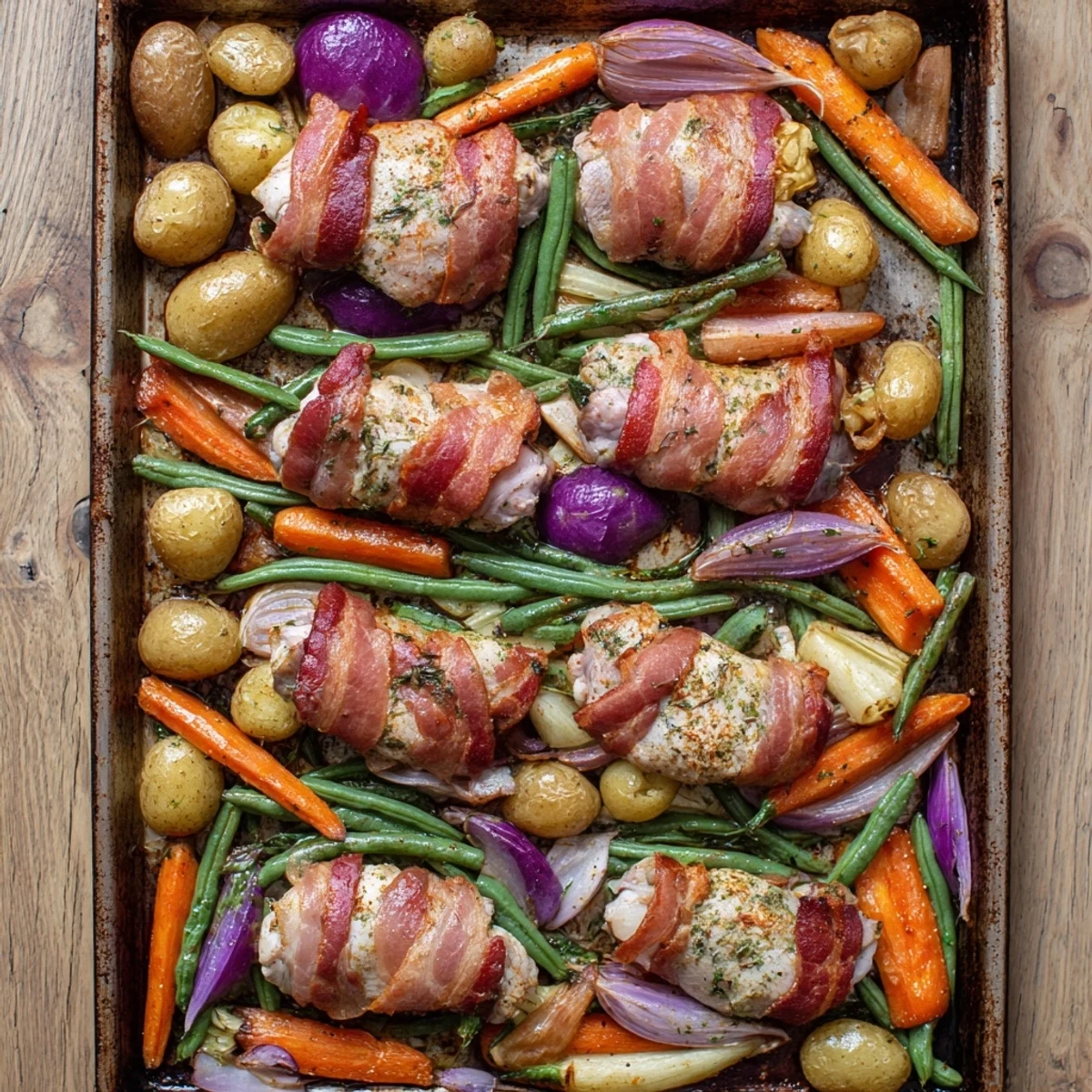 One pan bacon wrapped chicken thigh tray bake featuring perfectly cooked meat and caramelized root vegetables