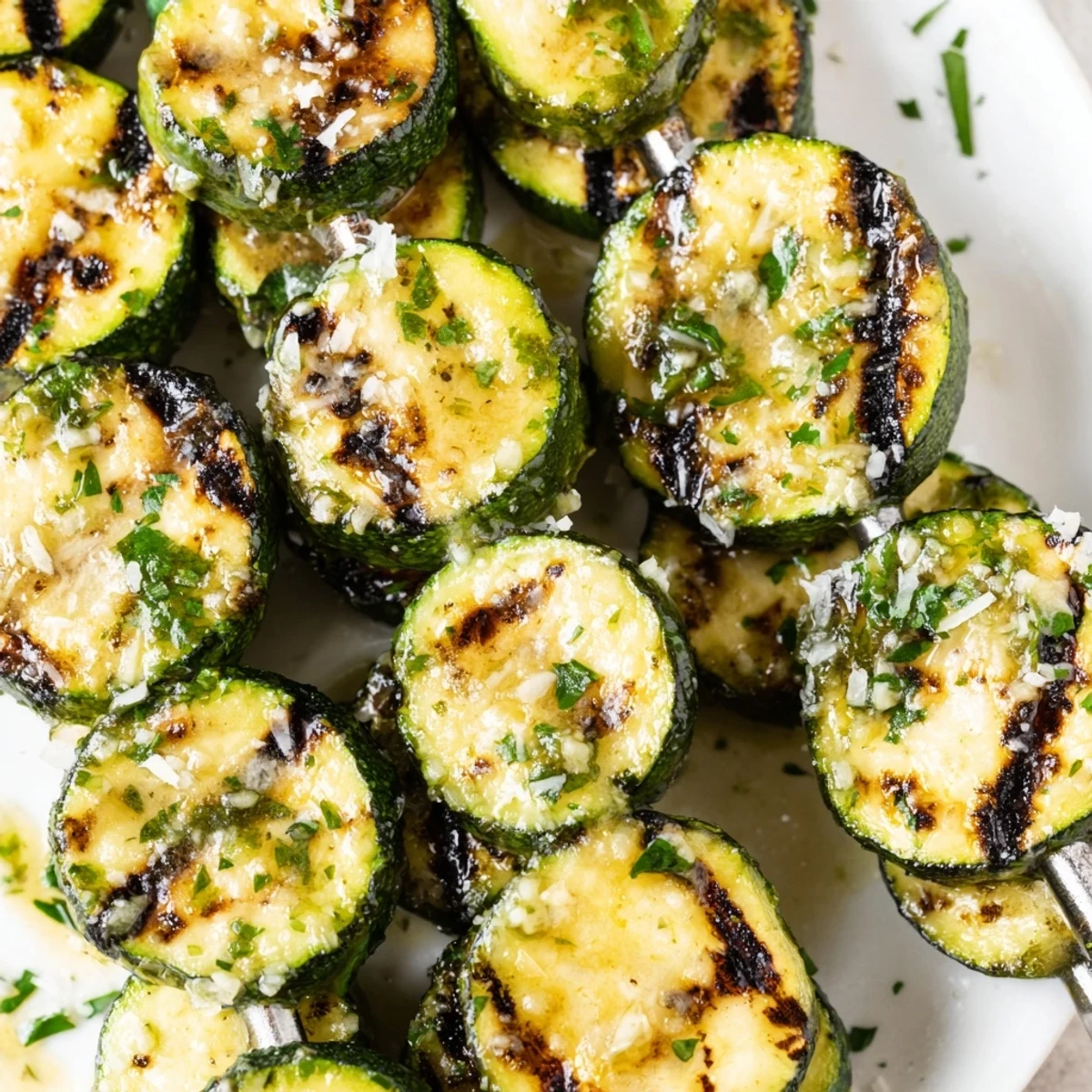 Golden grilled zucchini skewers brushed with melted garlic butter and fresh parsley