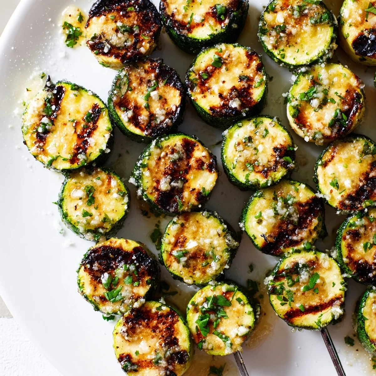 Easy garlic butter zucchini skewers on a platter with charred grill marks and herbs