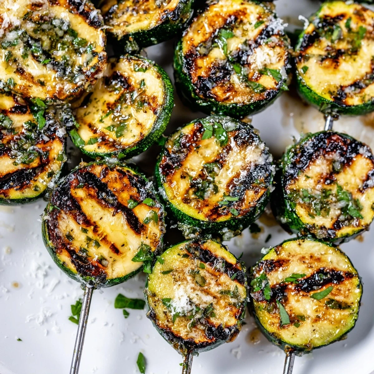 Tender zucchini rounds on skewers coated in rich garlic butter sauce, ready to serve