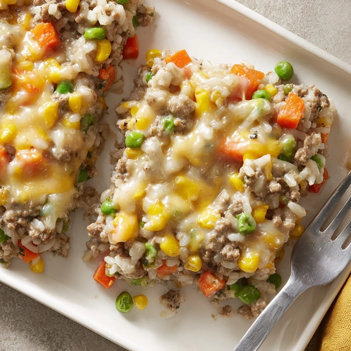 Golden cheesy ground beef and rice casserole bubbling with melted cheddar on top
