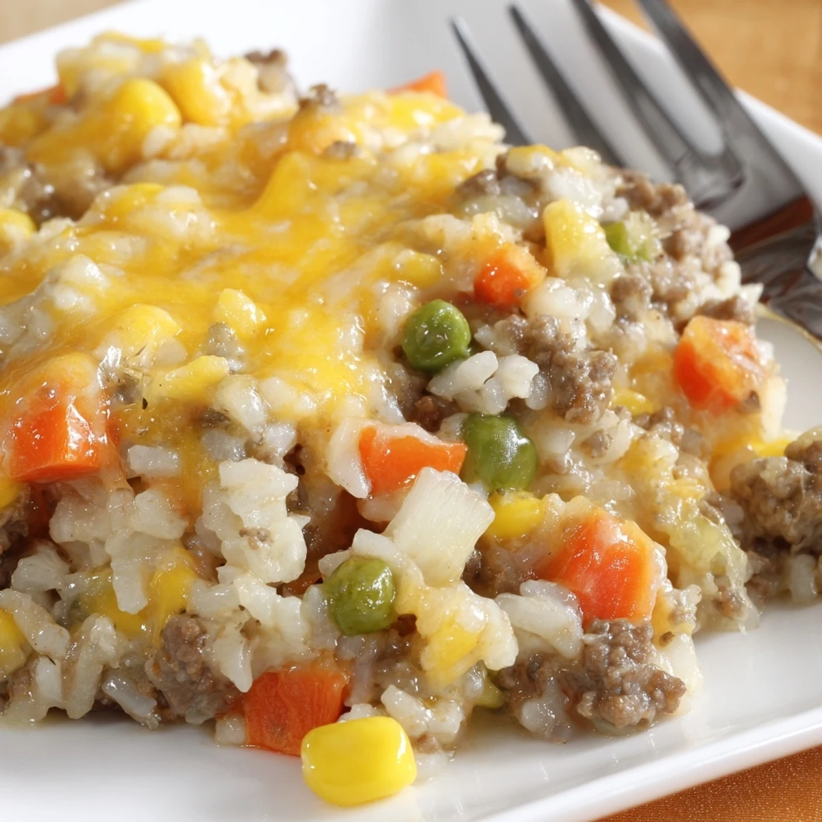 Comforting ground beef and rice casserole baked to perfection with vibrant mixed vegetables