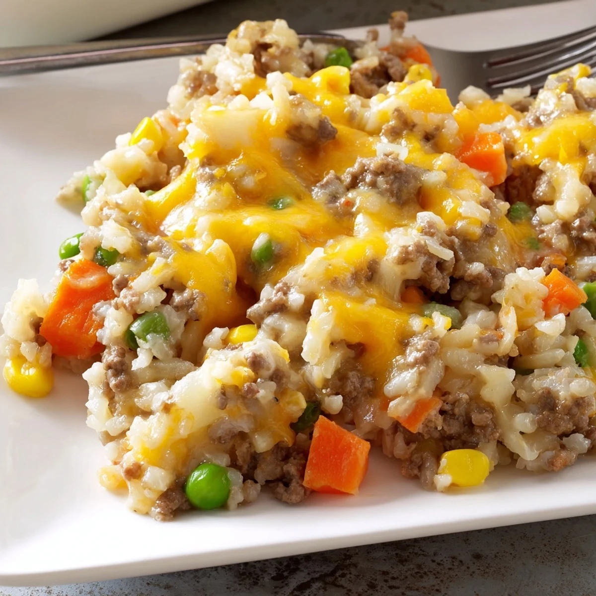 Steamy ground beef and rice casserole topped with bubbly cheese and tender vegetables