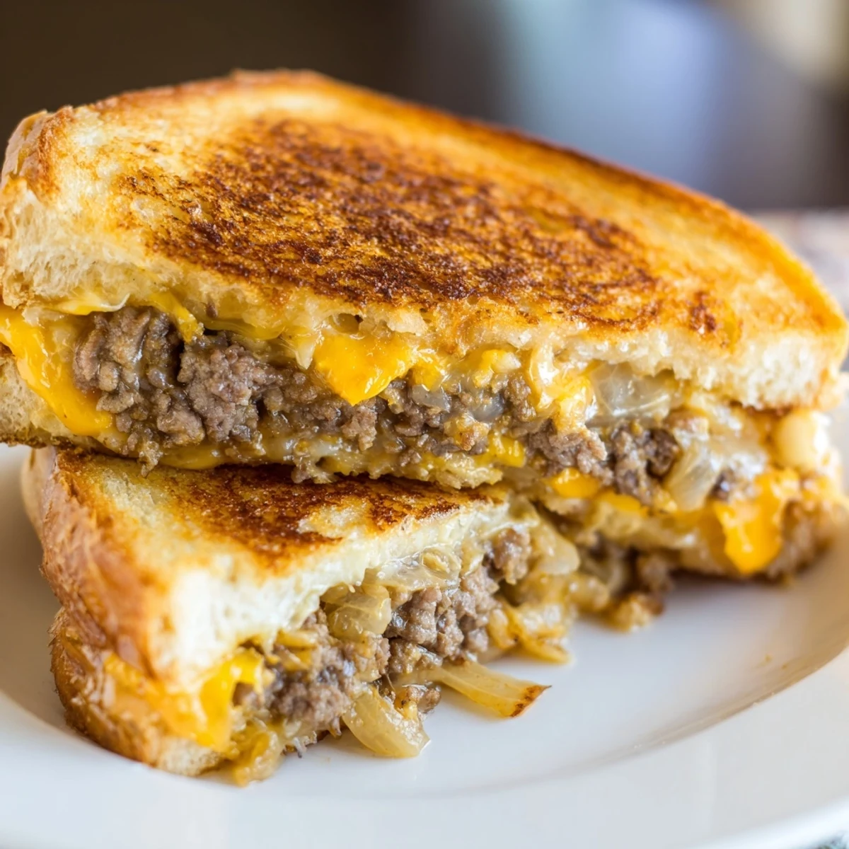 Golden toasted ultimate cheesy ground beef melt sandwich with seasoned meat oozing melted cheddar and mozzarella cheese