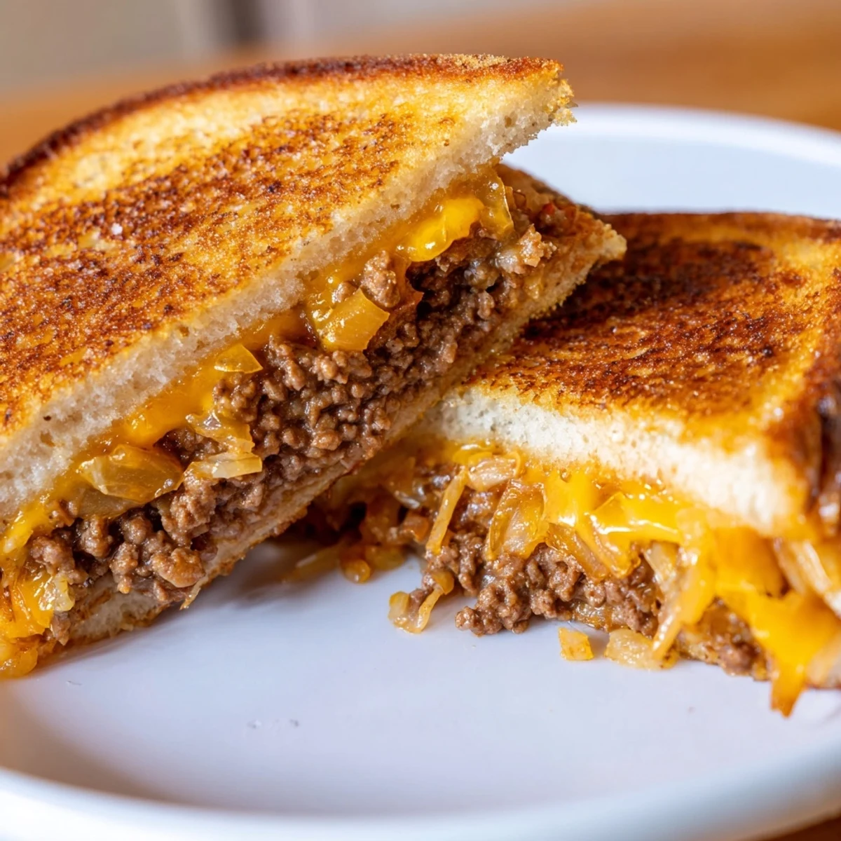 Sliced ultimate cheesy ground beef melt showcasing layers of juicy beef mixture and gooey cheese between crispy buttered bread