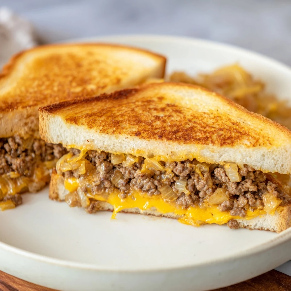 Hot ultimate cheesy ground beef melt sandwich grilled to perfection with savory beef onions and melty shredded cheese blend