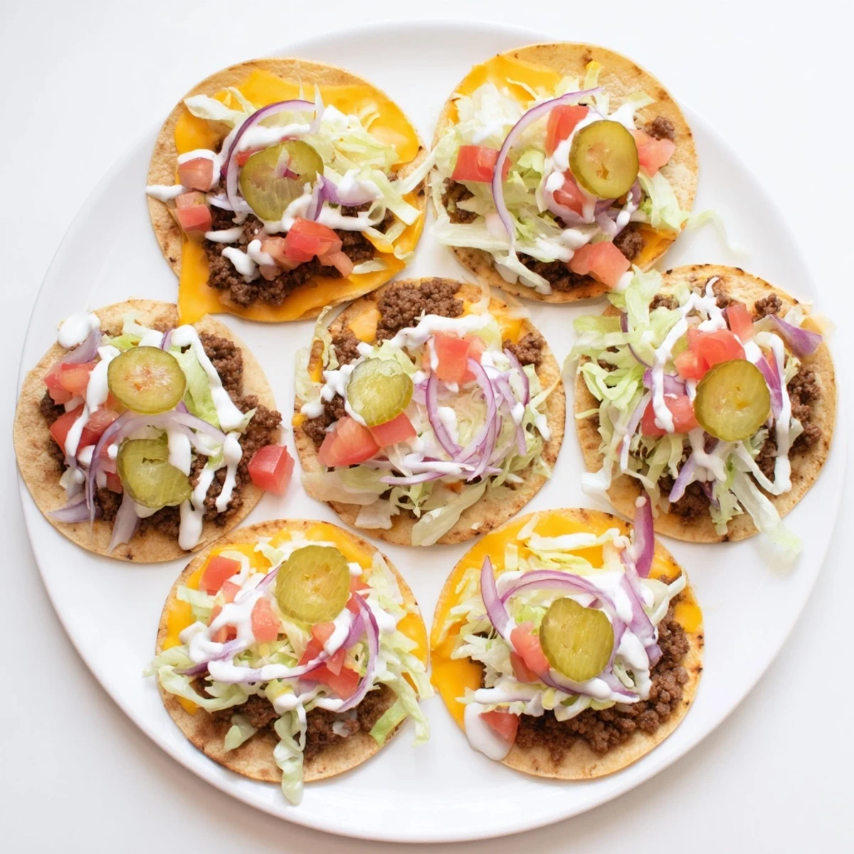 Homemade smash burger tacos loaded with fresh lettuce, diced tomatoes, and zesty special sauce drizzle