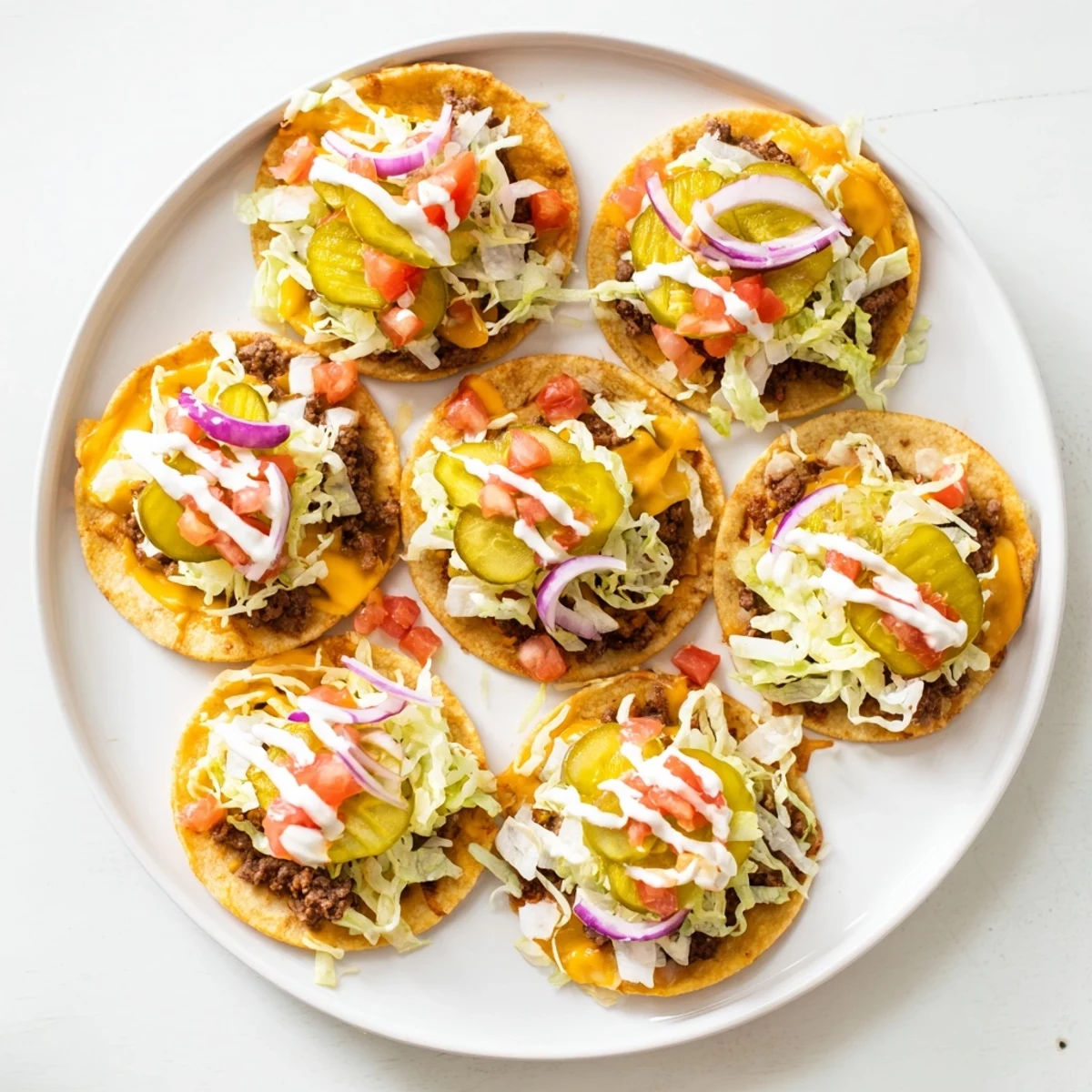 Crispy beef smash burger tacos topped with pickles, red onion, and melted American cheese on soft tortillas