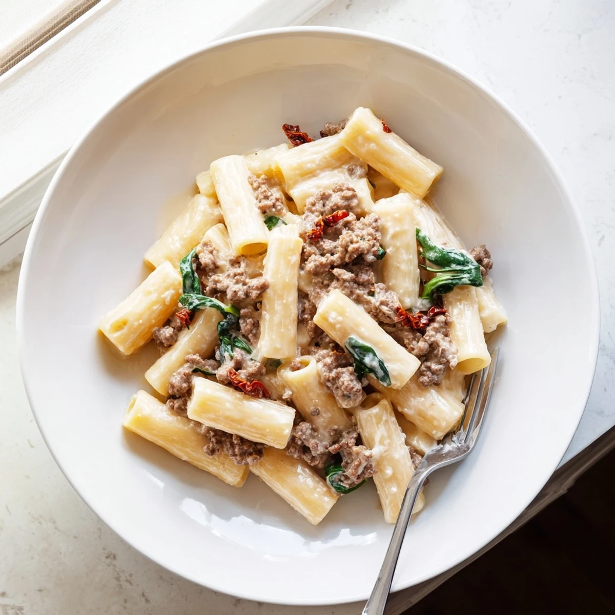 Creamy Marry Me ground beef pasta tossed with sun-dried tomatoes and parmesan in a rich white sauce