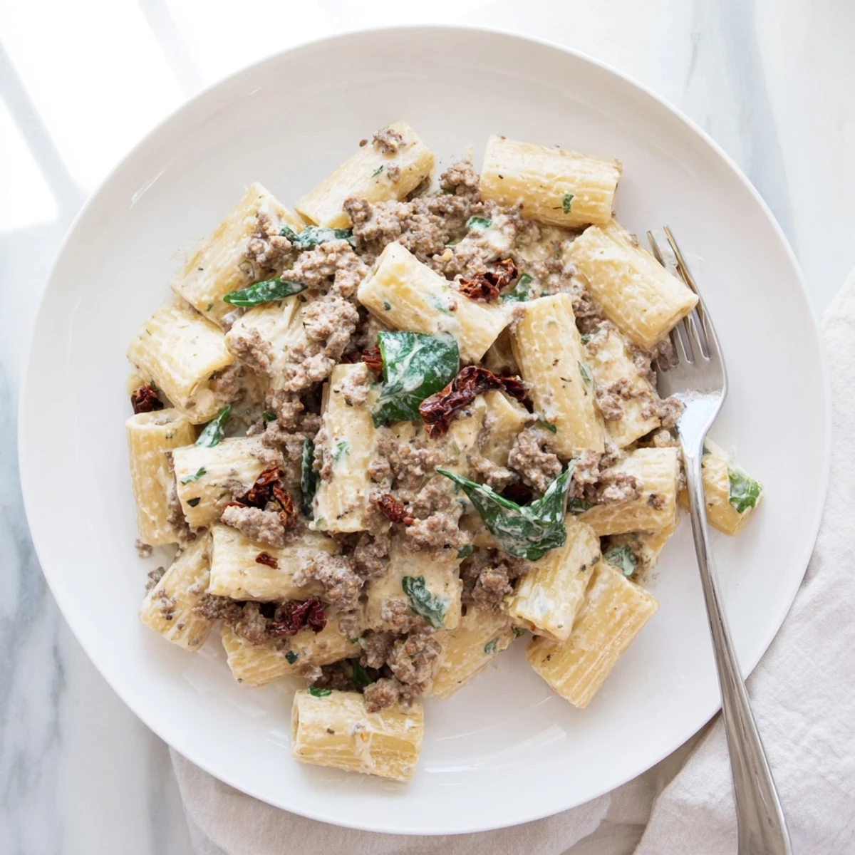 Hearty penne pasta with seasoned ground beef and sun-dried tomatoes swimming in a velvety parmesan cream sauce