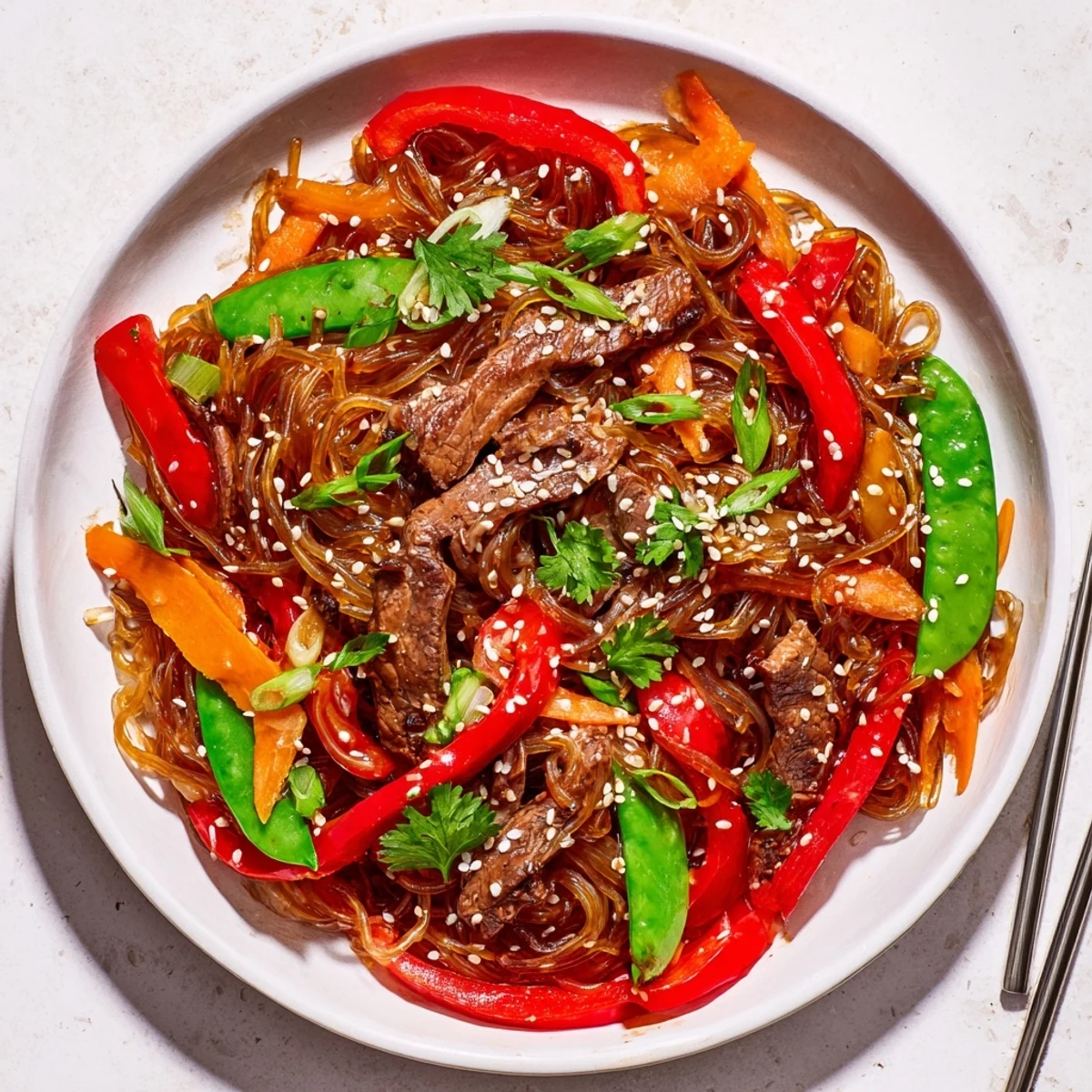Tender seared beef strips coating chewy noodles in caramelized Asian-inspired sauce