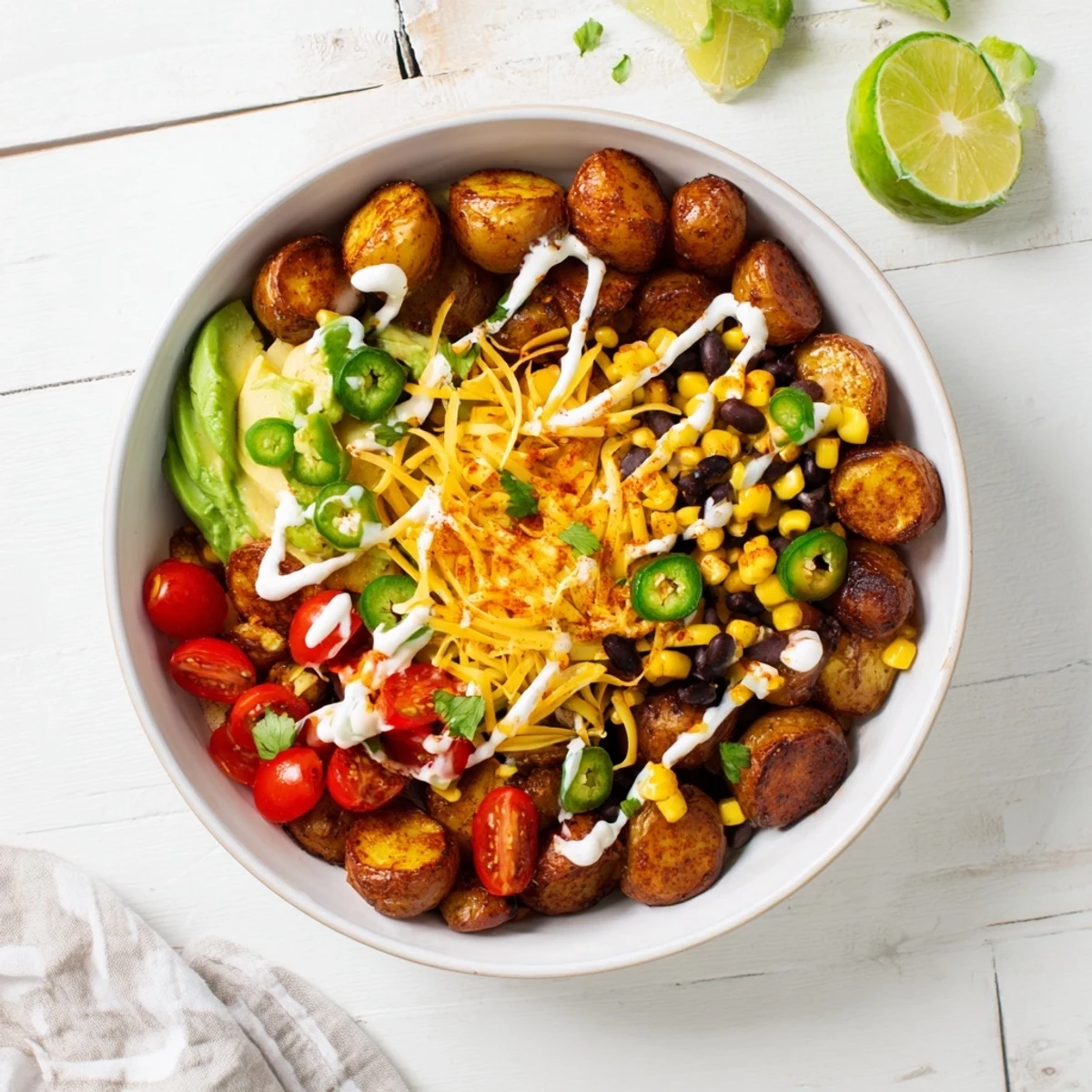 Golden roasted Loaded Fiesta Potato Bowls topped with melted cheddar, black beans, and fresh avocado