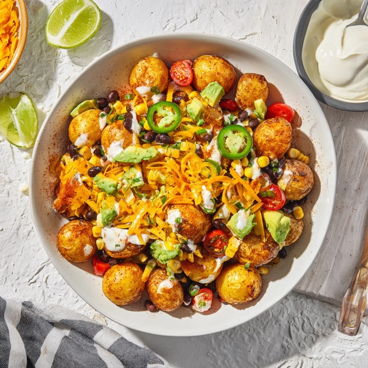 Crispy spiced potatoes layered with zesty Tex-Mex toppings in these Loaded Fiesta Potato Bowls