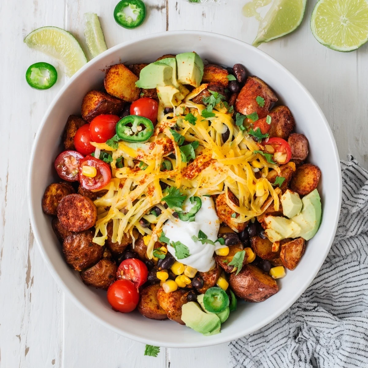 Colorful Loaded Fiesta Potato Bowls featuring corn, tomatoes, cilantro, and creamy sour cream