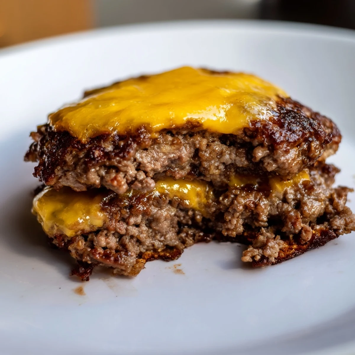 Homemade juicy smash burger topped with melty cheese pickles and tangy mustard sauce