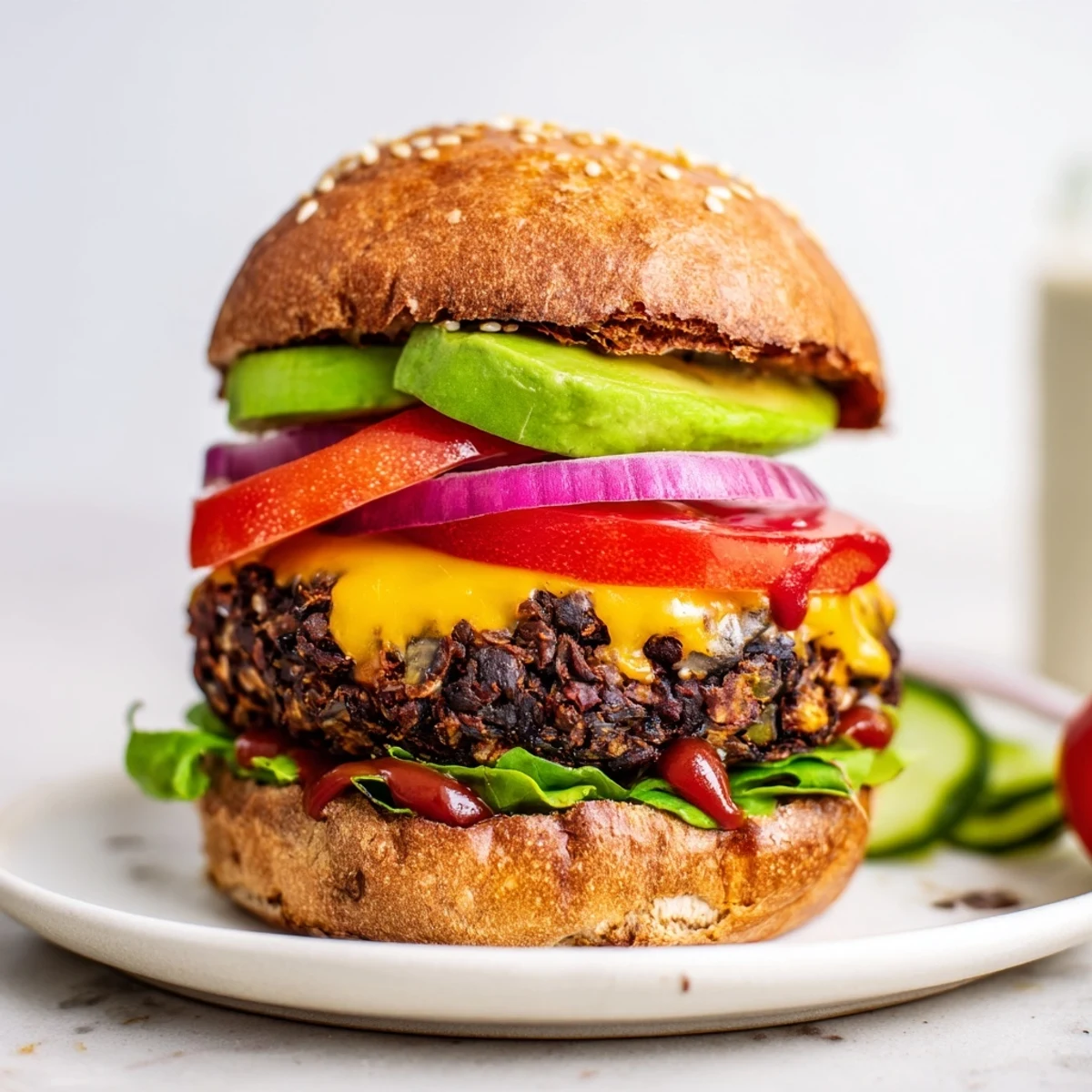 Golden black bean burger patty stacked on toasted bun with melted cheddar, fresh avocado slices, crisp lettuce, and juicy tomato layers