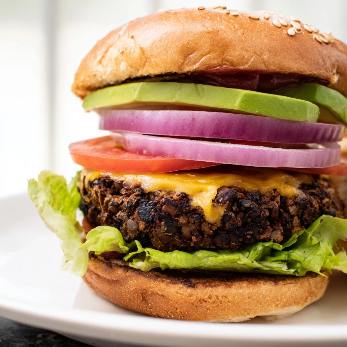 Flavor-packed vegetarian black bean burger with smoky spices, stacked high with fresh toppings including avocado, tomato, red onion, and crisp lettuce