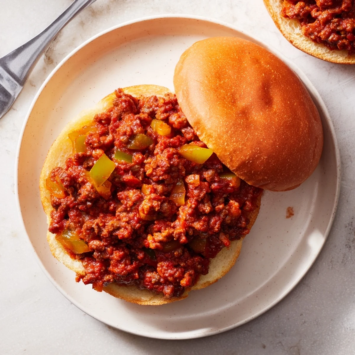 Homemade sloppy joes sandwich with savory ground beef overflowing from toasted bun