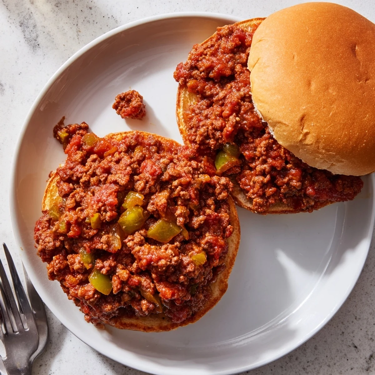 Classic American sloppy joes piled high on soft hamburger buns with pickles