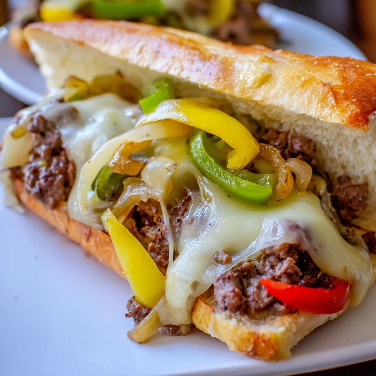 Heaping ground beef Philly cheesesteaks piled high with caramelized vegetables and gooey cheese on buttery toasted bread
