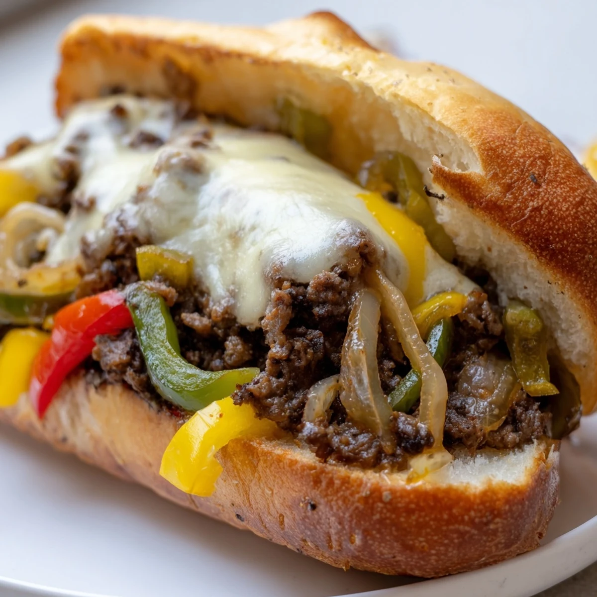 Golden melted provolone drapes over savory ground beef Philly cheesesteaks stuffed with sautéed peppers and onions in toasted hoagie rolls