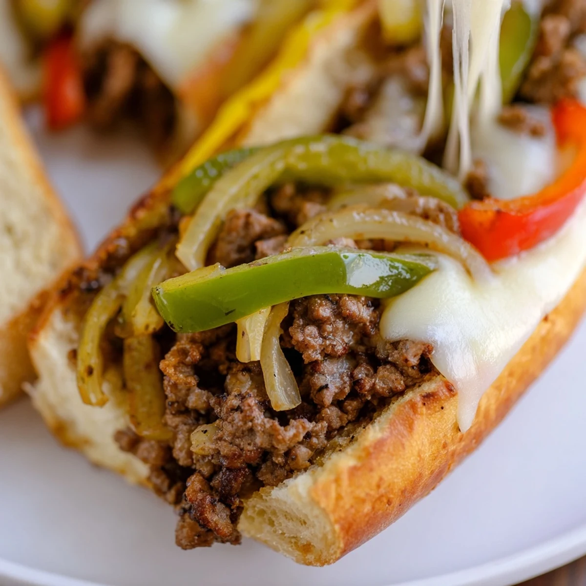 Classic ground beef Philly cheesesteaks sandwich features tender seasoned meat with colorful bell peppers and melted provolone cheese