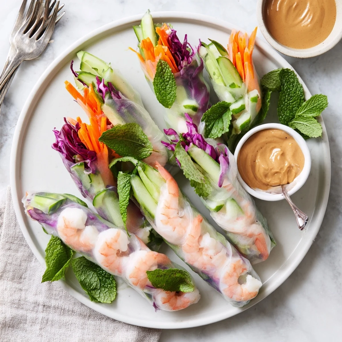 Fresh Thai shrimp rolls with peanut sauce featuring transparent rice paper wrapped around pink shrimp and crisp colorful vegetables