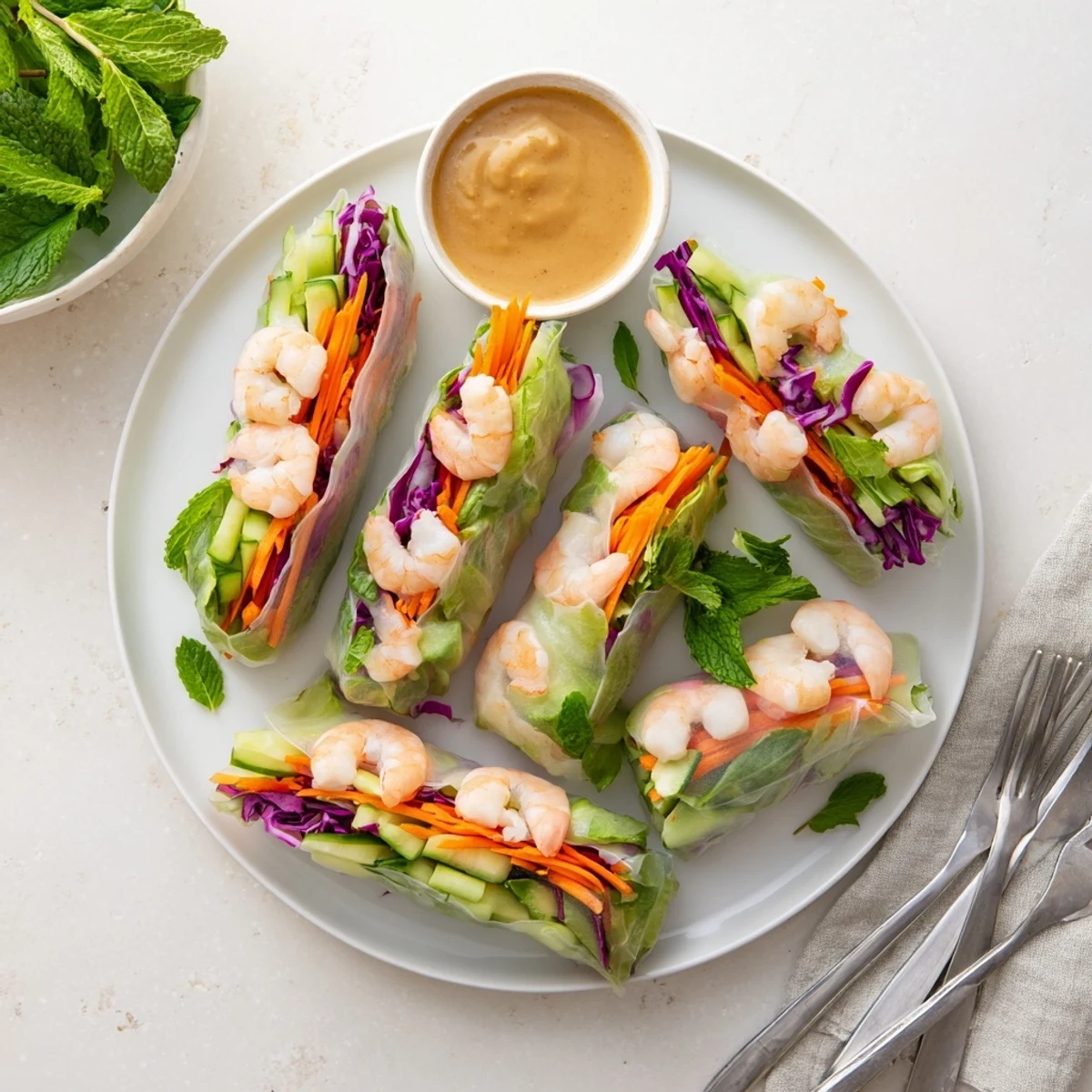 Rice paper spring rolls filled with succulent Thai shrimp and vegetables served alongside rich creamy peanut dipping sauce