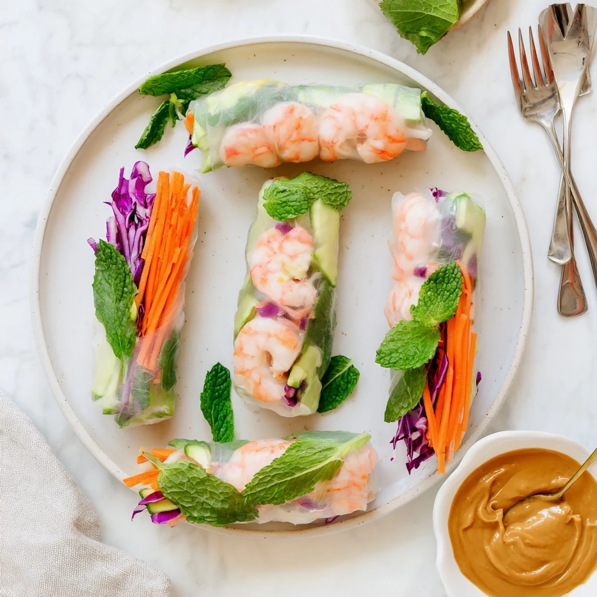 Homemade Thai shrimp rolls arranged on platter with vibrant vegetable fillings and bowl of smooth peanut sauce for dipping