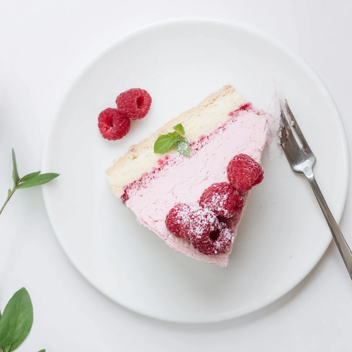 Elegant raspberry mousse cake with fluffy almond sponge layers and fresh berry topping