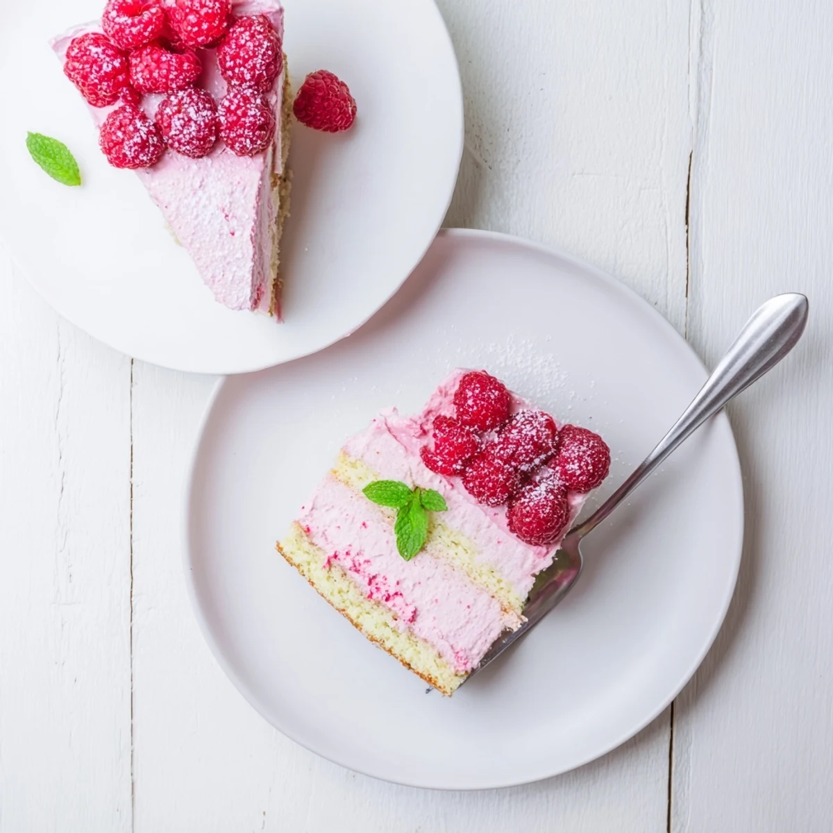 Slice of French raspberry mousse cake revealing creamy pink filling over golden almond base