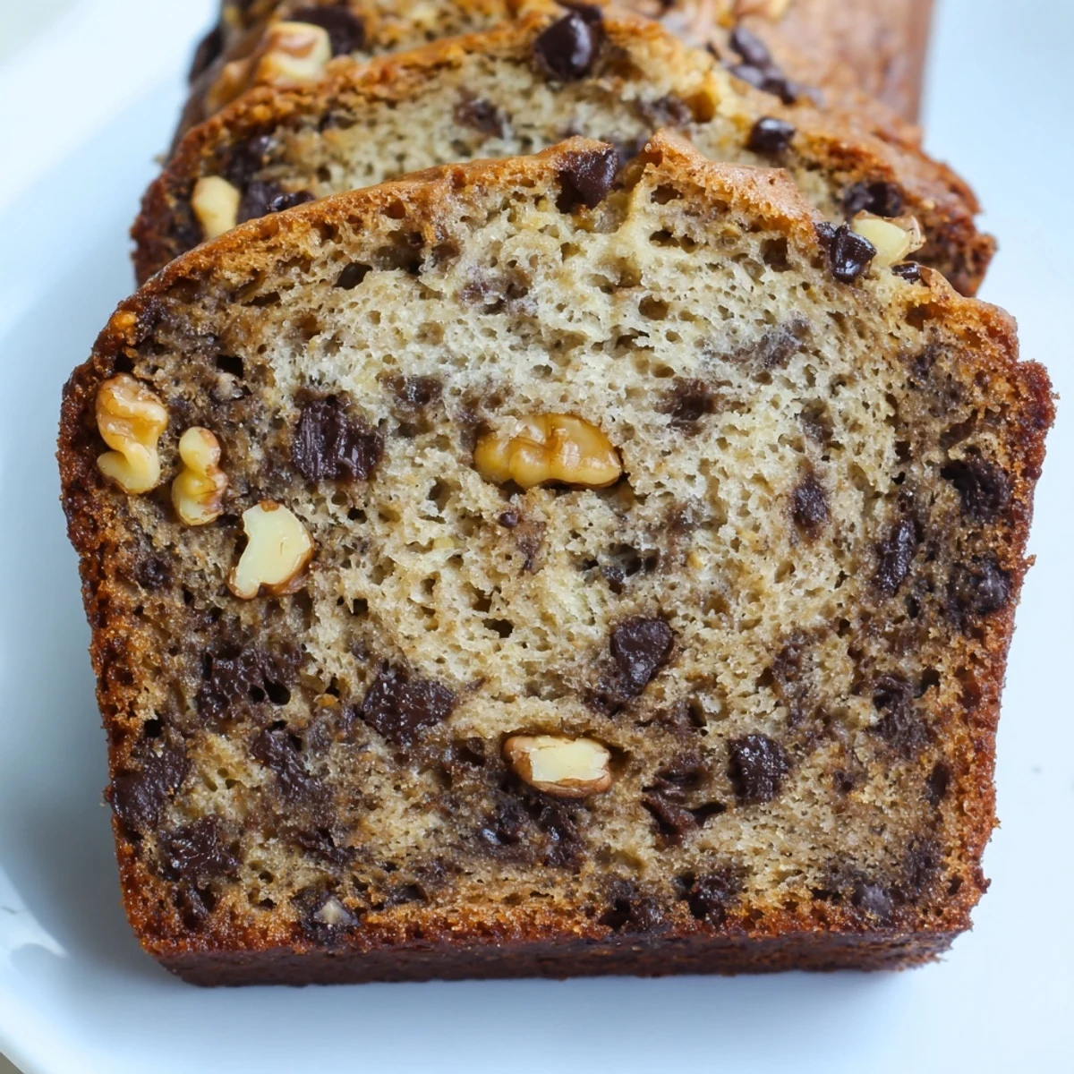 Golden super moist chocolate chip banana bread loaf with melted chocolate chunks on top