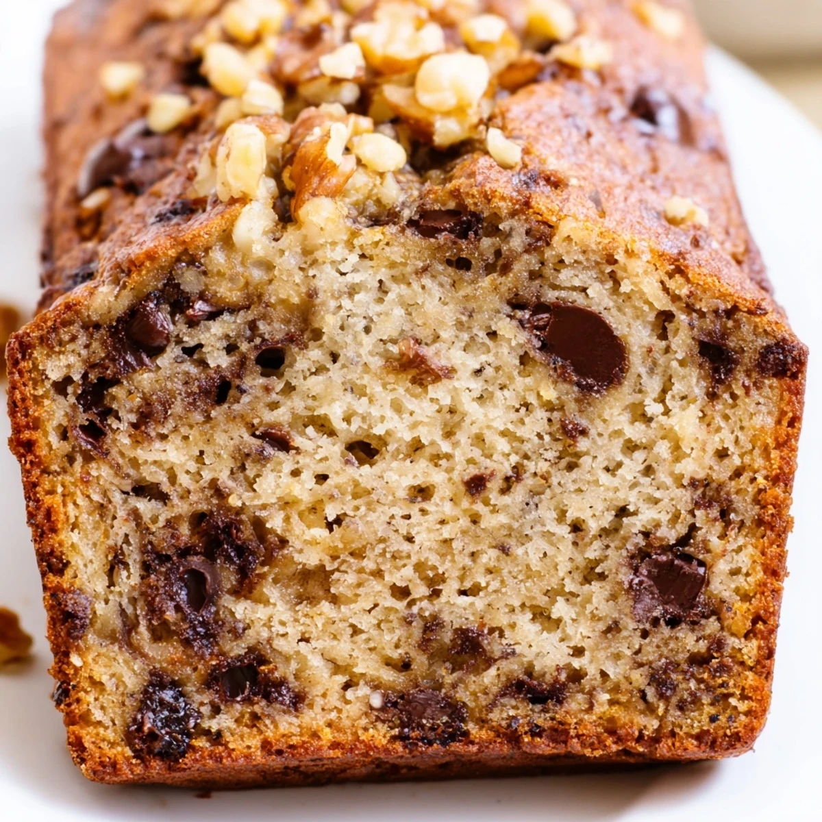 Thick slice of chocolate chip banana bread showing moist crumb and scattered chocolate morsels