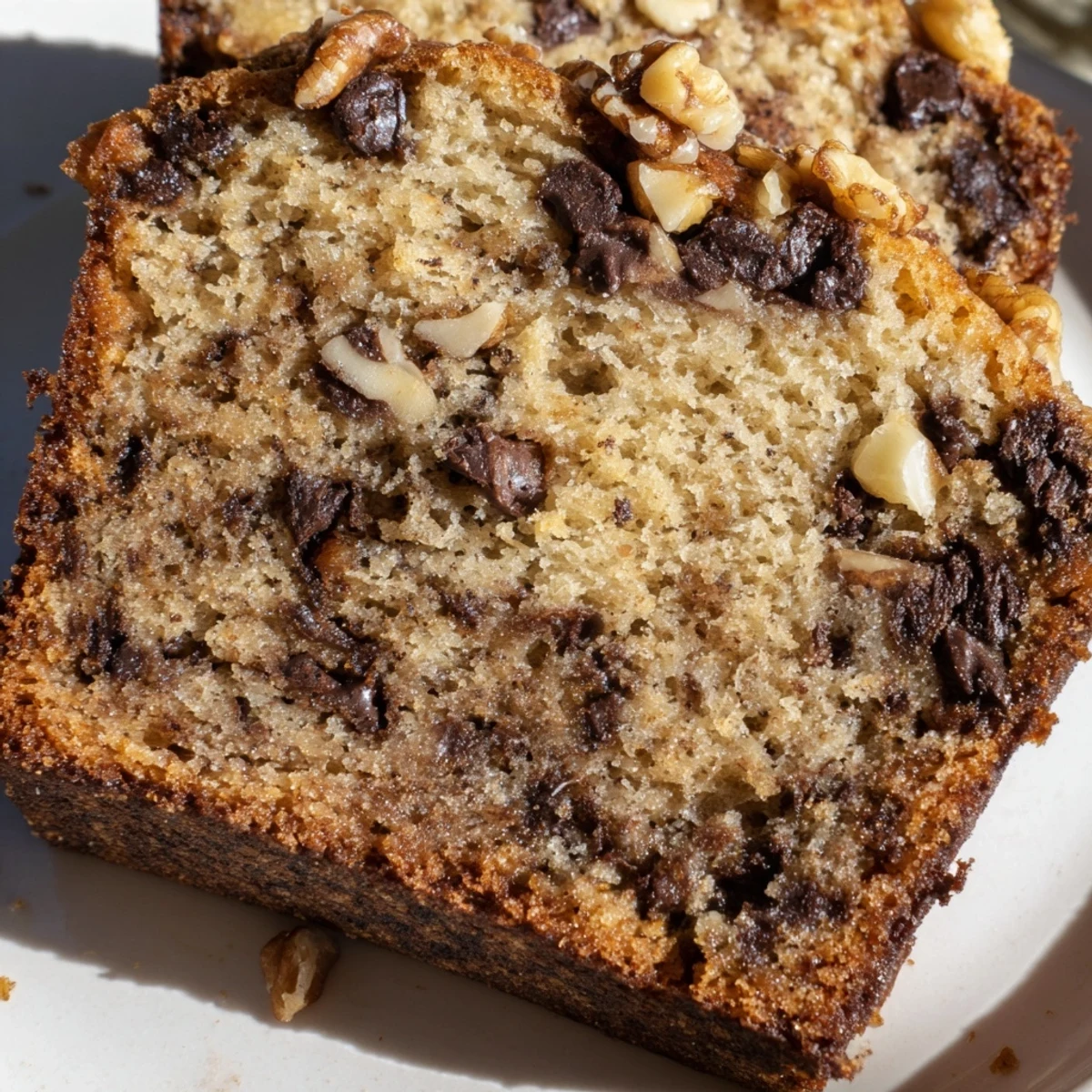 Freshly baked chocolate chip banana bread cooling on wire rack with golden brown crust