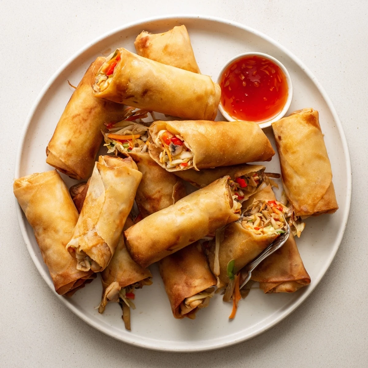 Golden crispy Chinese vegetable spring rolls filled with colorful shredded vegetables and aromatic seasonings