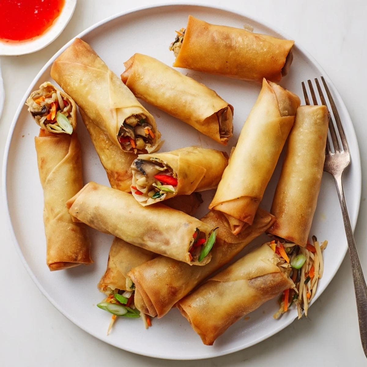 Homemade Chinese vegetable spring rolls frying to golden perfection with tender vegetable filling visible inside