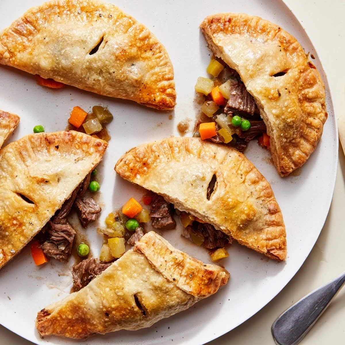 Bubbling Guinness beef stew filling nestled inside buttery golden puff pastry hand pies fresh from the oven