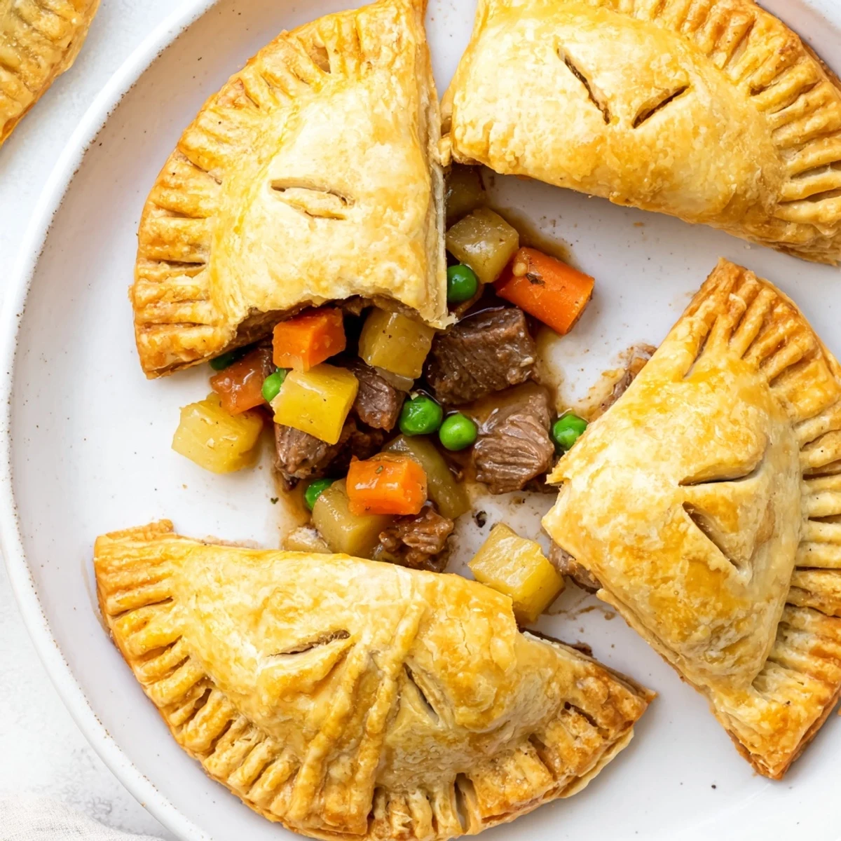 Flaky baked hand pies stuffed with tender beef chunks and root vegetables in dark stout gravy