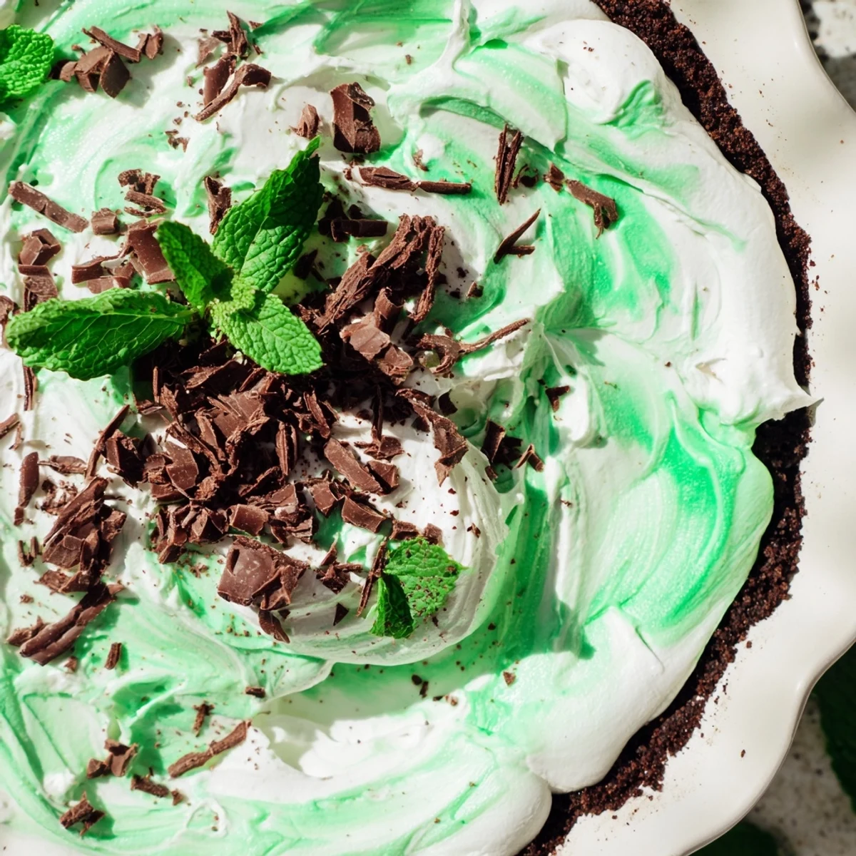Creamy Shamrock Swirl pie with mint filling and chocolate cookie crust garnished with chocolate shavings